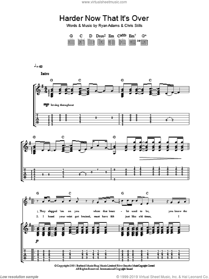 Harder Now That It's Over sheet music for guitar (tablature) by Ryan Adams and Chris Stills, intermediate skill level