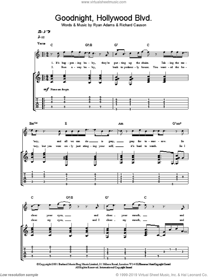 Goodnight, Hollywood Blvd sheet music for guitar (tablature) by Ryan Adams and Richard Causon, intermediate skill level