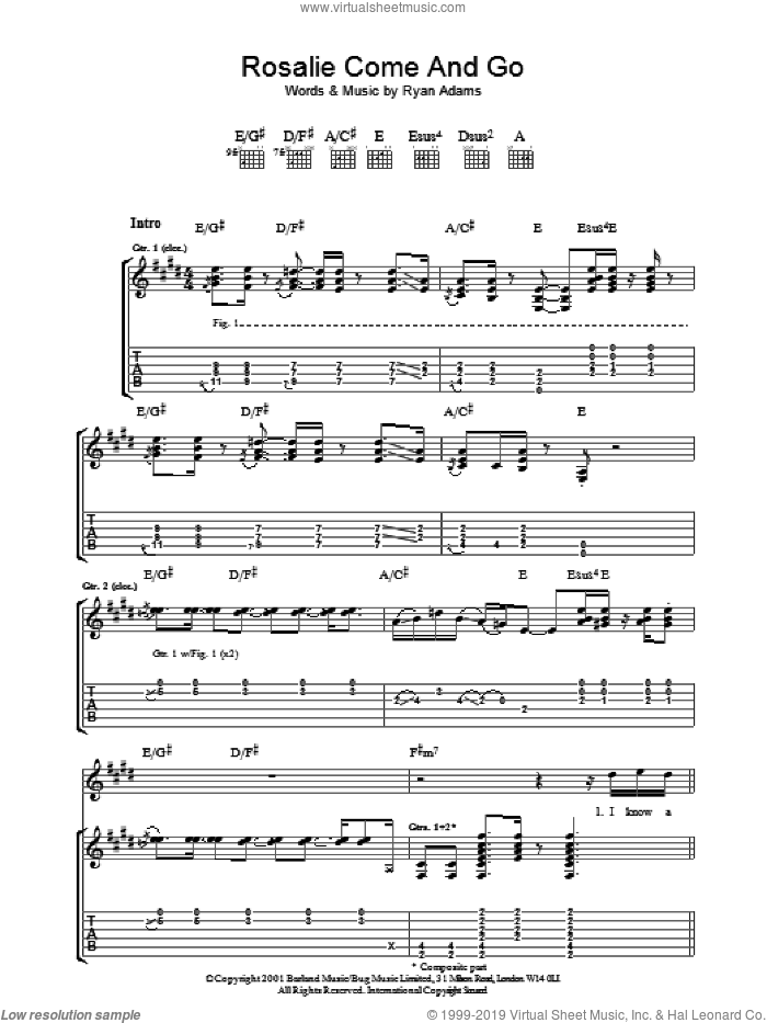 Rosalie Come And Go sheet music for guitar (tablature) by Ryan Adams, intermediate skill level