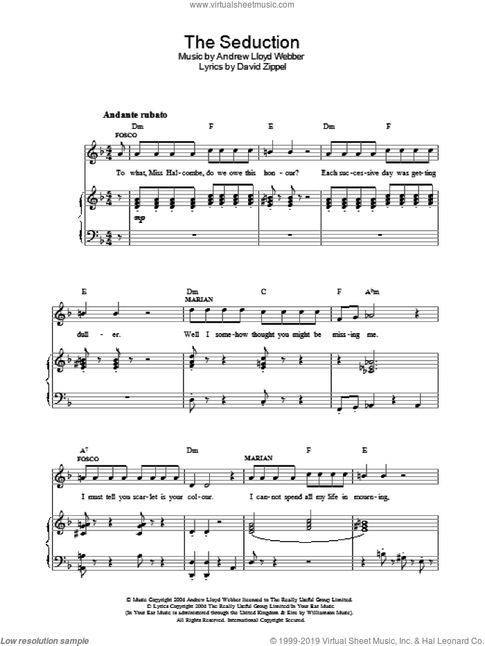 The Seduction sheet music for voice, piano or guitar by Andrew Lloyd Webber, The Woman In White (Musical) and David Zippel, intermediate skill level