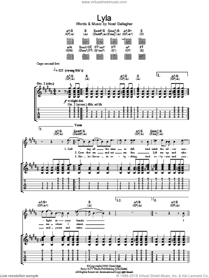 Lyla sheet music for guitar (tablature) by Oasis and Noel Gallagher, intermediate skill level