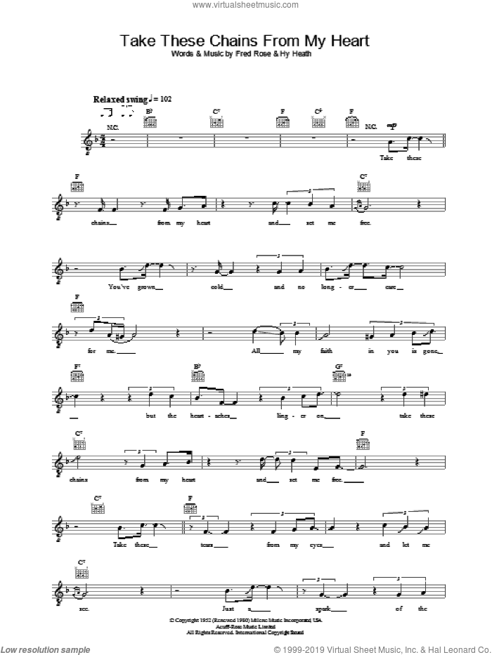 Take These Chains From My Heart sheet music for voice and other instruments (fake book) by Hank Williams, Fred Rose and Hy Heath, intermediate skill level