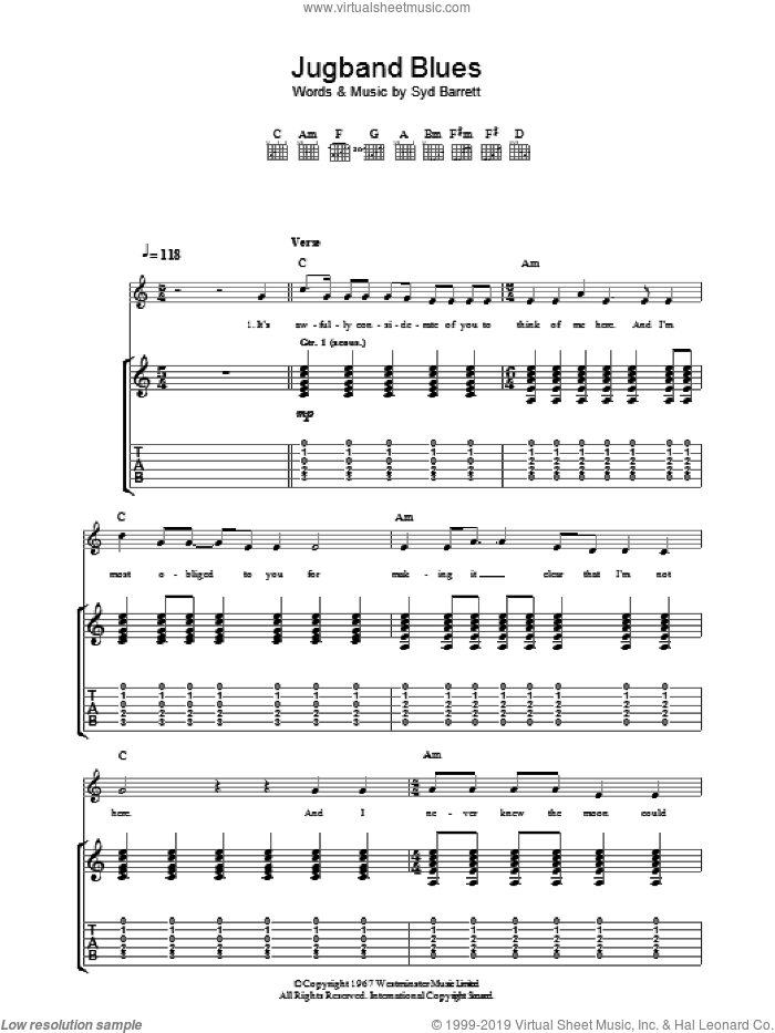 Jugband Blues sheet music for guitar (tablature) by Pink Floyd and Syd Barrett, intermediate skill level