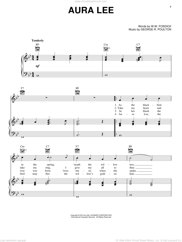 Aura Lee sheet music for voice, piano or guitar by George R. Poulton and W.W. Fosdick, intermediate skill level