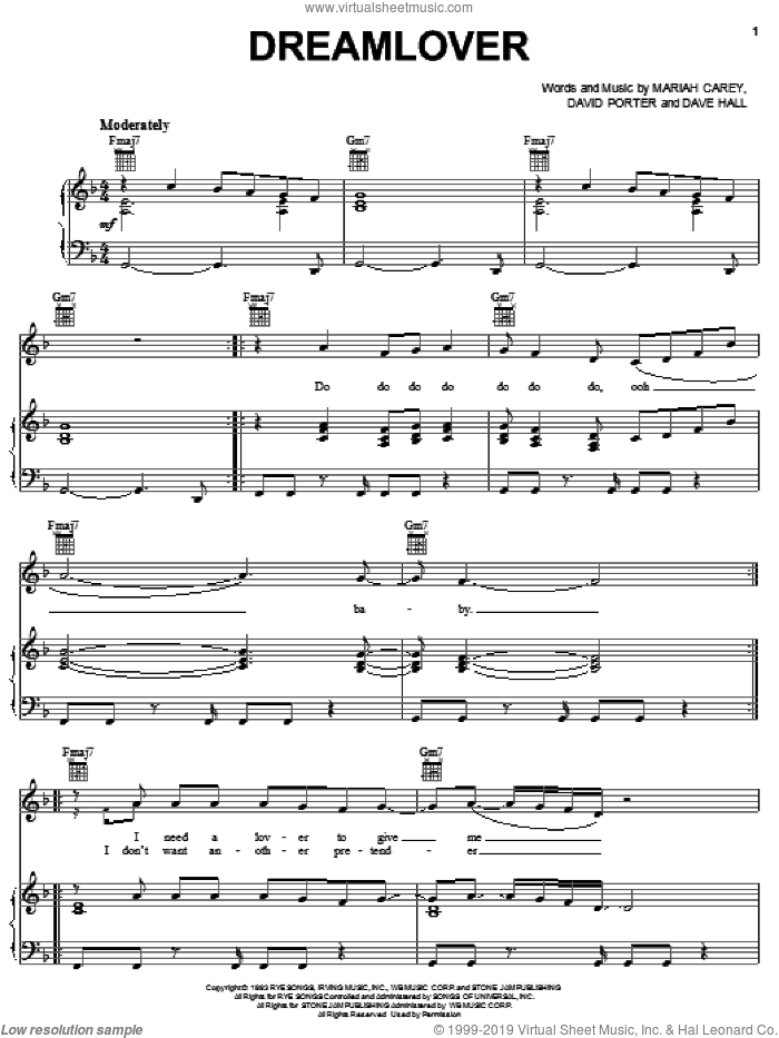 Dreamlover sheet music for voice, piano or guitar by Mariah Carey and Dave Hall, intermediate skill level