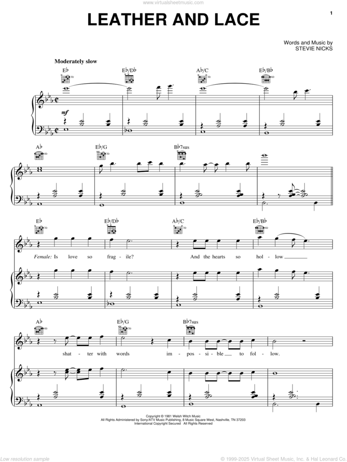 Leather And Lace sheet music for voice, piano or guitar by Stevie Nicks, intermediate skill level