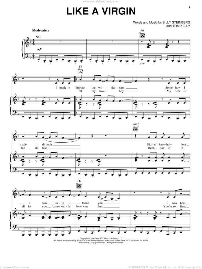 Like A Virgin sheet music for voice, piano or guitar by Madonna, Miscellaneous, Billy Steinberg and Tom Kelly, intermediate skill level