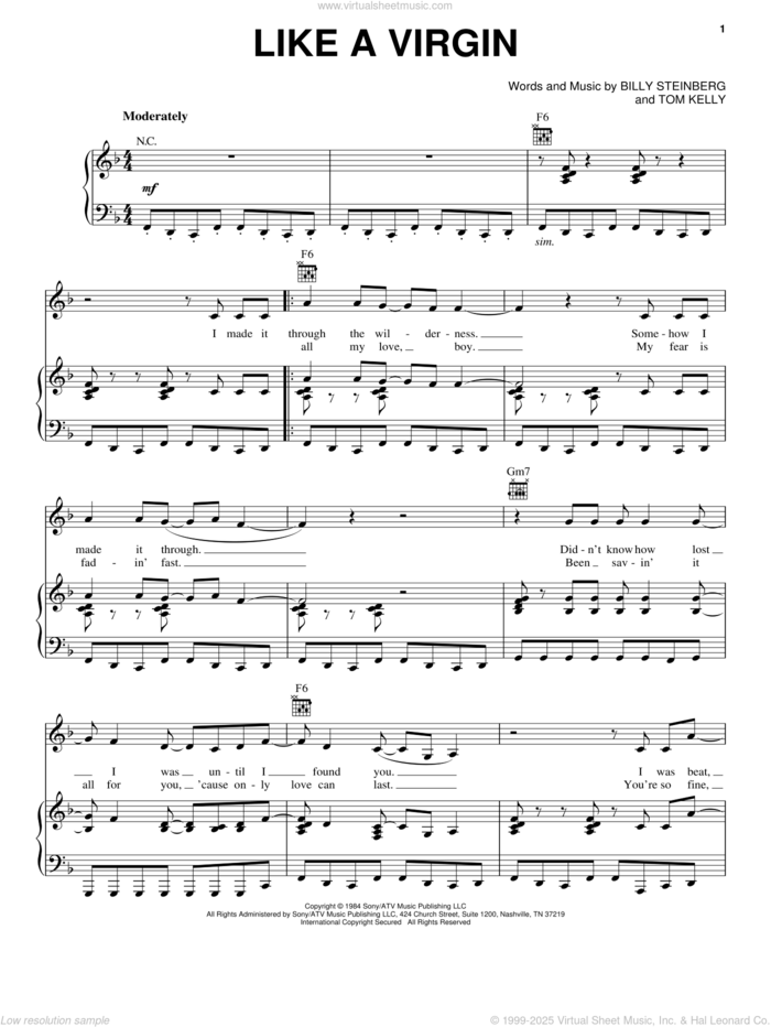 Like A Virgin sheet music for voice, piano or guitar by Madonna, Miscellaneous, Billy Steinberg and Tom Kelly, intermediate skill level