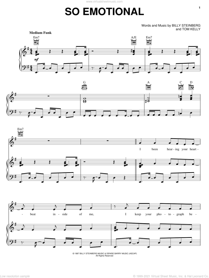 So Emotional sheet music for voice, piano or guitar by Whitney Houston, Billy Steinberg and Tom Kelly, intermediate skill level