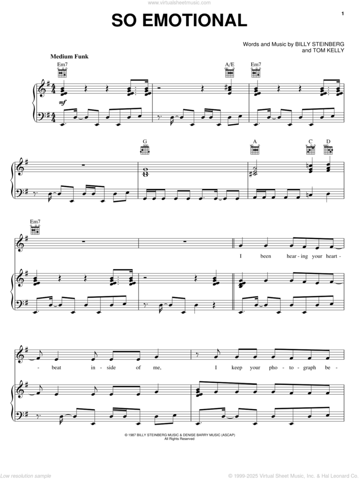 So Emotional sheet music for voice, piano or guitar by Whitney Houston, Billy Steinberg and Tom Kelly, intermediate skill level