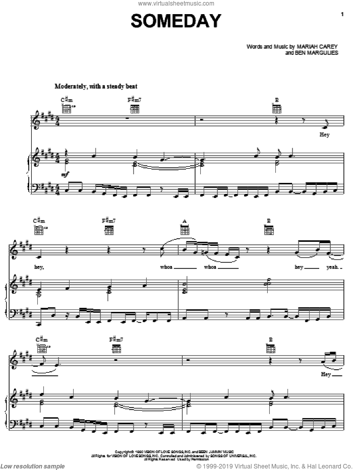 Someday sheet music for voice, piano or guitar by Mariah Carey and Ben Margulies, intermediate skill level