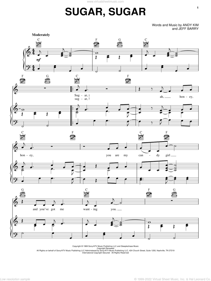 Sugar, Sugar sheet music for voice, piano or guitar by The Archies, Bob Marley, Ike & Tina Turner, Wilson Pickett, Andy Kim and Jeff Barry, intermediate skill level