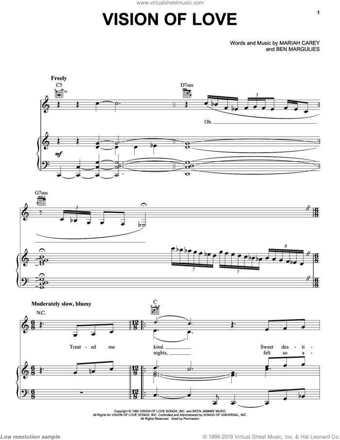 Vision Of Love sheet music for voice, piano or guitar by Mariah Carey and Ben Margulies, intermediate skill level