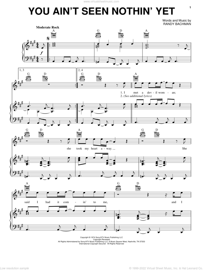 You Ain't Seen Nothin' Yet sheet music for voice, piano or guitar by Bachman-Turner Overdrive and Randy Bachman, intermediate skill level
