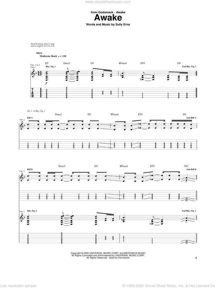 Awake sheet music for guitar (tablature) by Godsmack and Sully Erna, intermediate skill level