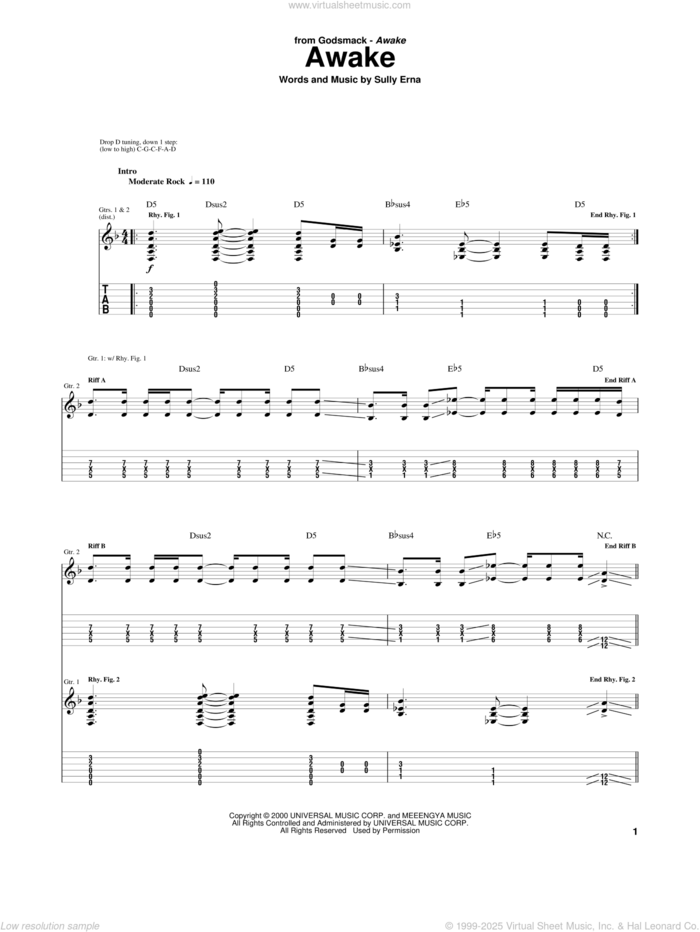 Awake sheet music for guitar (tablature) by Godsmack and Sully Erna, intermediate skill level