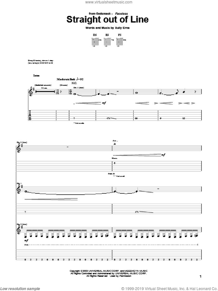 Straight Out Of Line sheet music for guitar (tablature) by Godsmack and Sully Erna, intermediate skill level