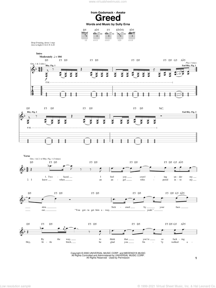 Greed sheet music for guitar (tablature) by Godsmack and Sully Erna, intermediate skill level