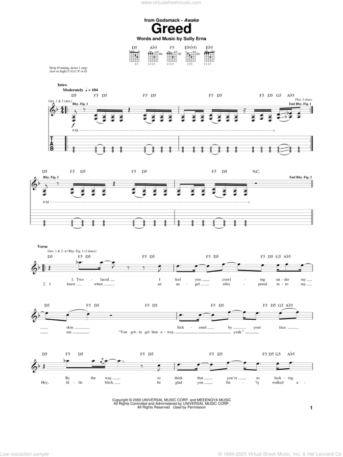 Greed sheet music for guitar (tablature) by Godsmack and Sully Erna, intermediate skill level