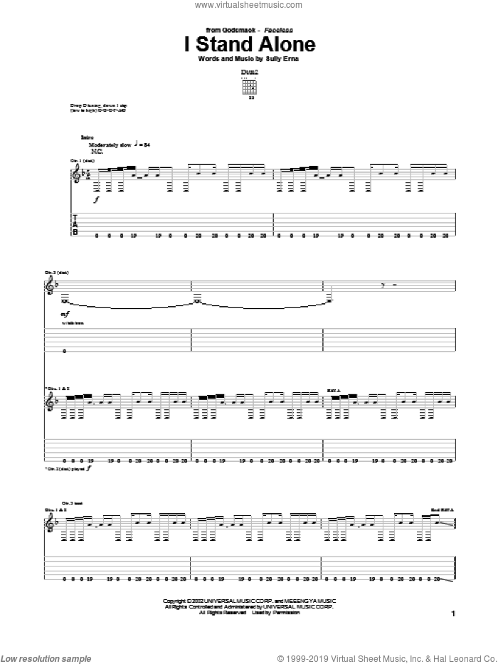 I Stand Alone sheet music for guitar (tablature) by Godsmack and Sully Erna, intermediate skill level