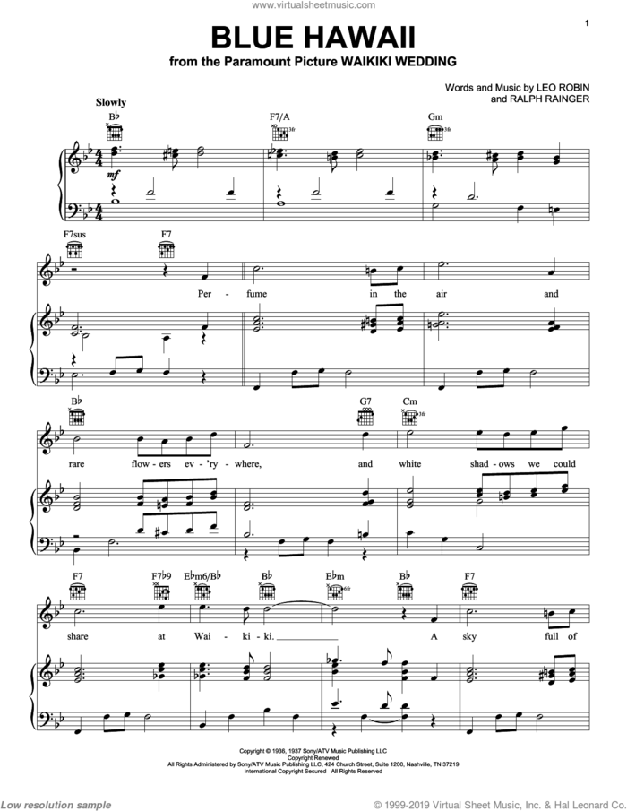 Blue Hawaii sheet music for voice, piano or guitar by Billy Vaughn, Elvis Presley, Leo Robin and Ralph Rainger, intermediate skill level