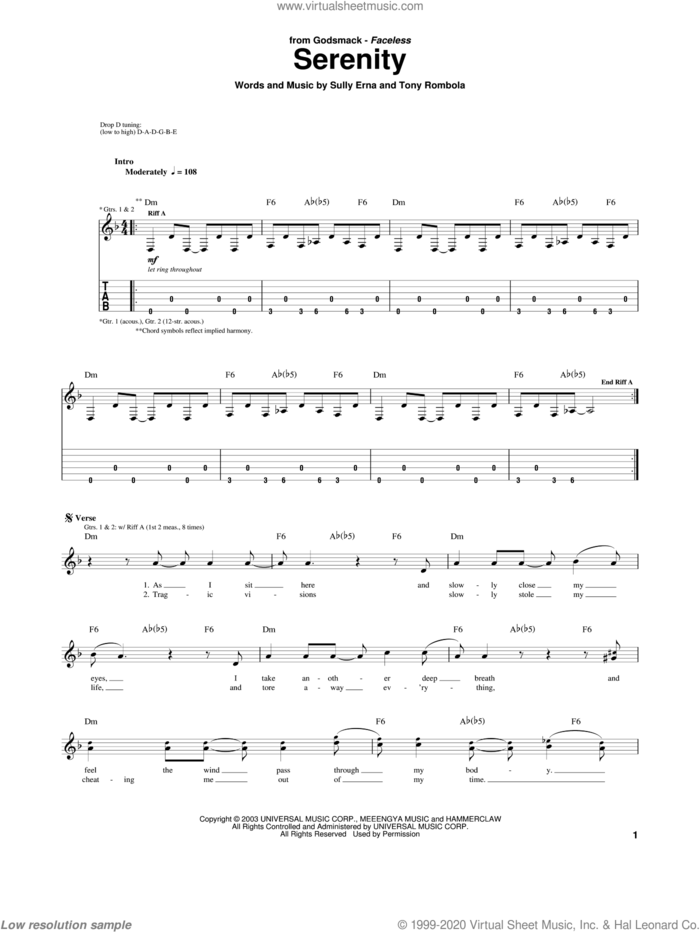 Serenity sheet music for guitar (tablature) by Godsmack, Sully Erna and Tony Rombola, intermediate skill level
