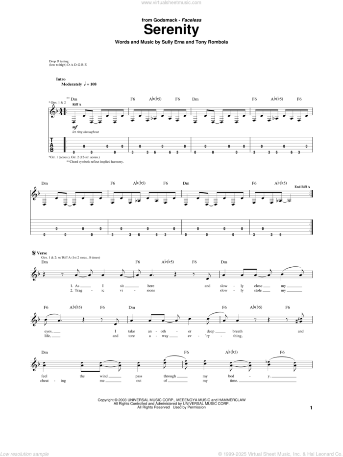 Serenity sheet music for guitar (tablature) by Godsmack, Sully Erna and Tony Rombola, intermediate skill level