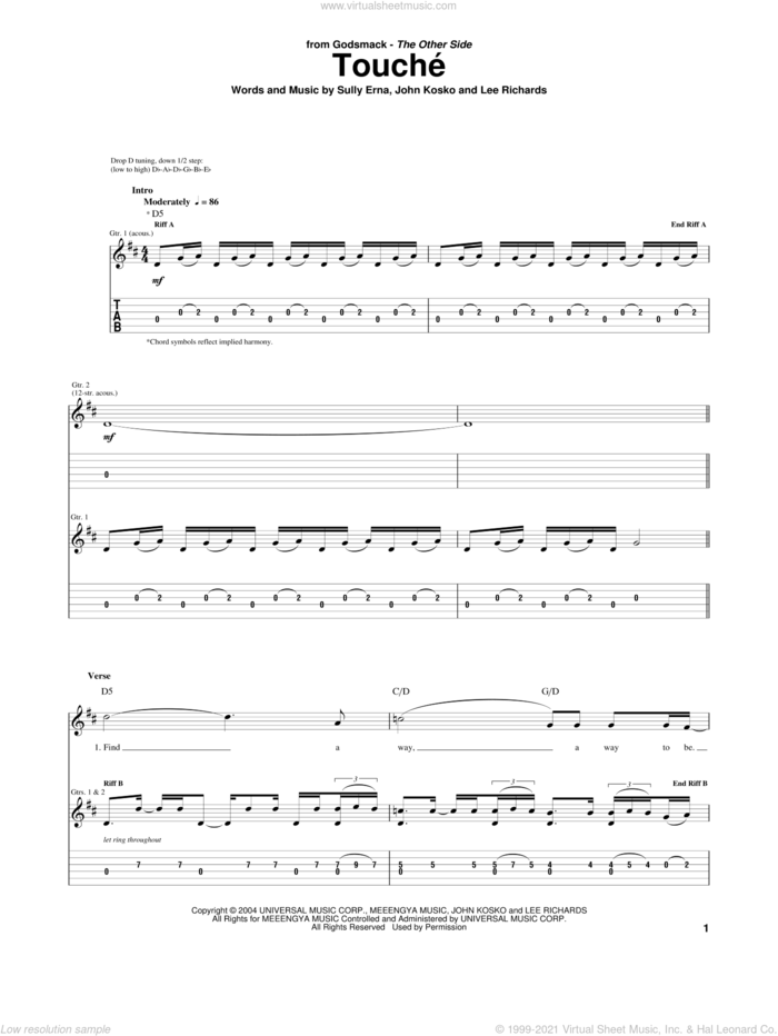 Touche sheet music for guitar (tablature) by Godsmack featuring Dropbox, Dropbox, Godsmack, John Kosko, Lee Richards and Sully Erna, intermediate skill level