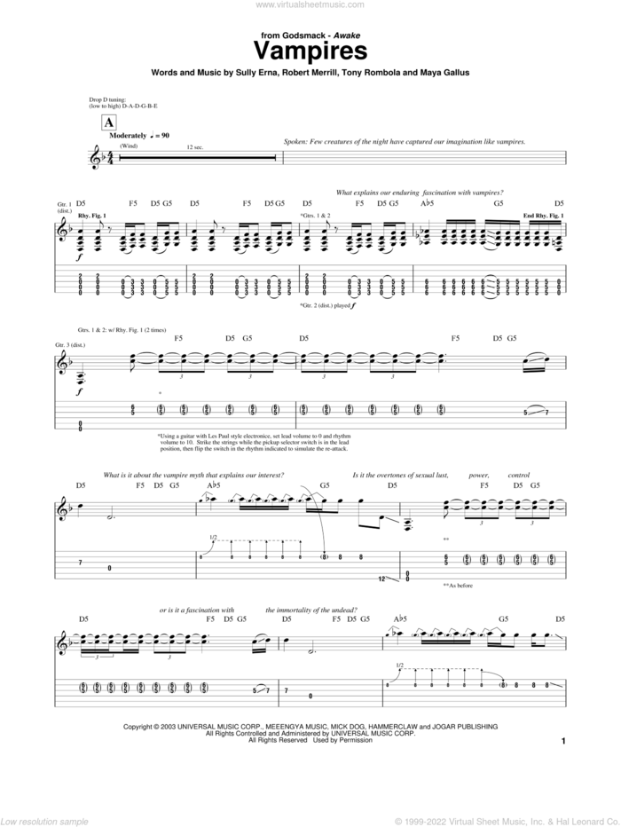 Vampires sheet music for guitar (tablature) by Godsmack, Maya Gallus, Robert Merrill, Sully Erna and Tony Rombola, intermediate skill level
