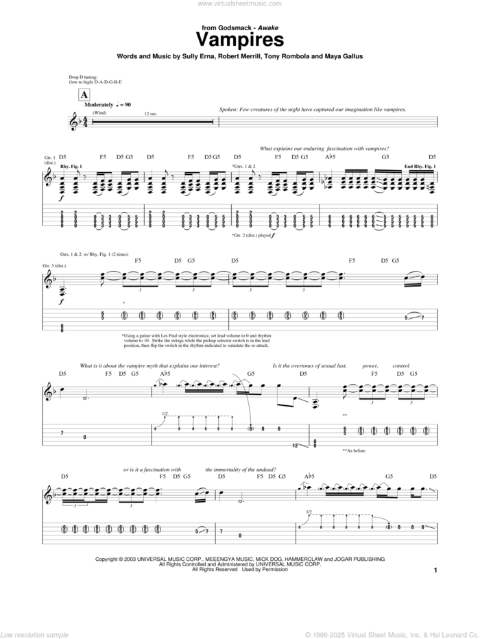 Vampires sheet music for guitar (tablature) by Godsmack, Maya Gallus, Robert Merrill, Sully Erna and Tony Rombola, intermediate skill level