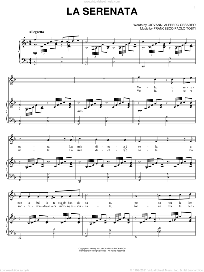 La Serenata sheet music for voice, piano or guitar by Andrea Bocelli, Francesco Paolo Tosti and Giovanni Alfredo Cesareo, classical score, intermediate skill level