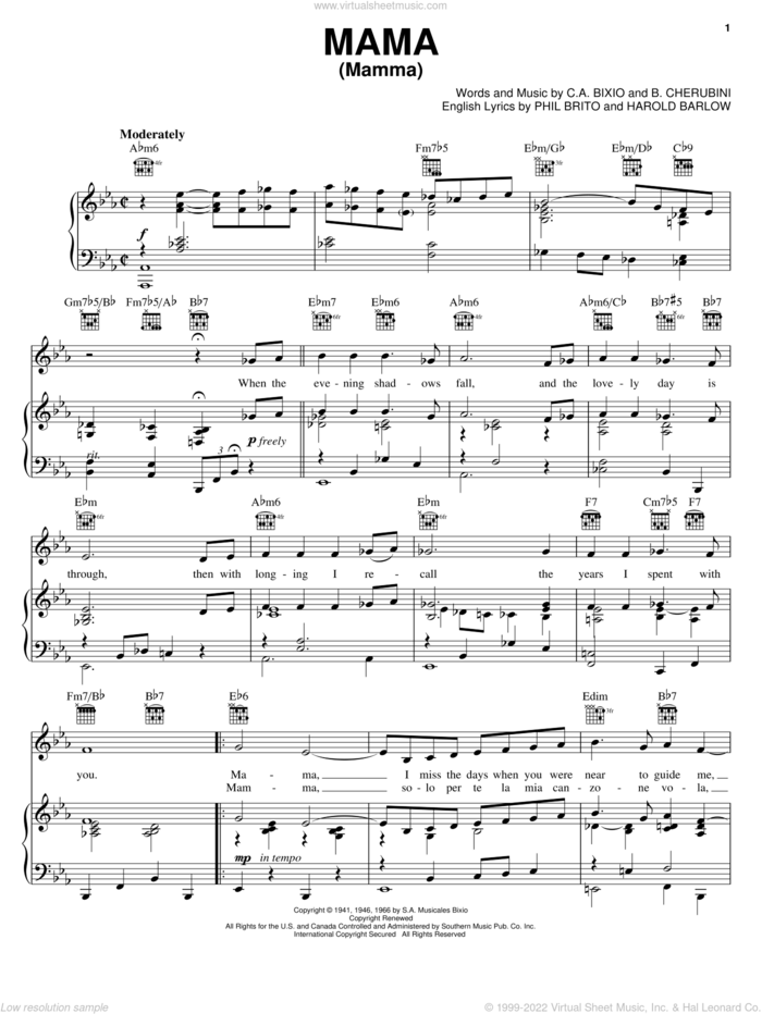 Mama (Mamma) sheet music for voice, piano or guitar by Jerry Vale, B. Cherubini, C.A. Bixio, Harold Barlow and Phil Brito, intermediate skill level