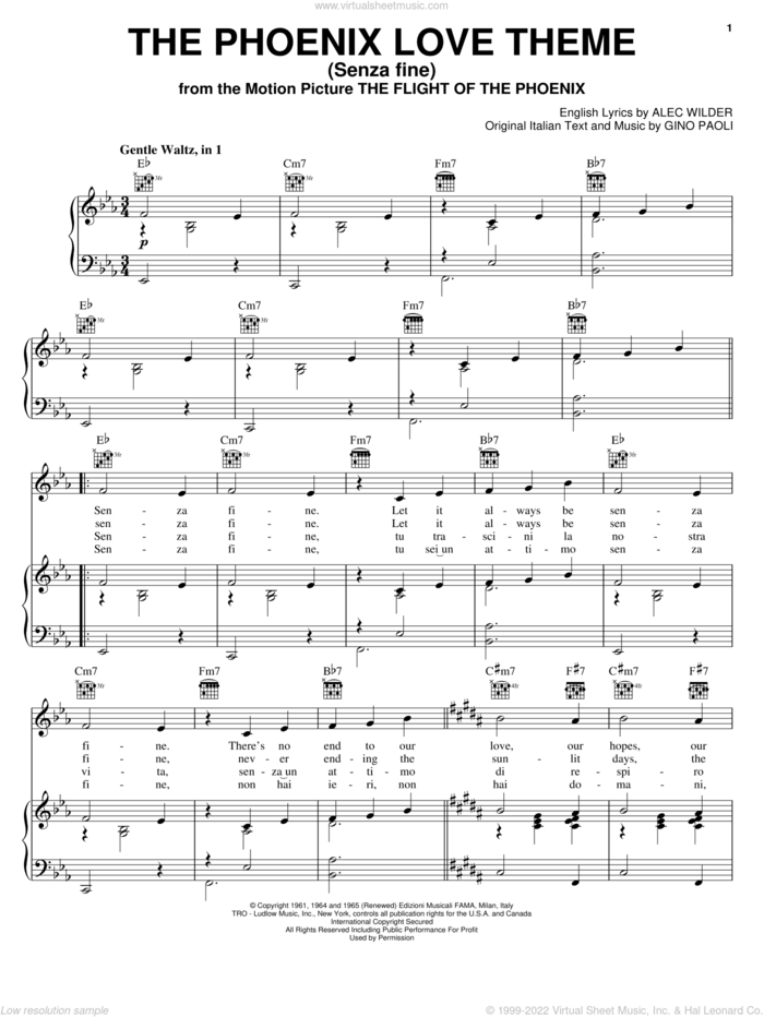 The Phoenix Love Theme (Senza Fine) sheet music for voice, piano or guitar by Alec Wilder and Gino Paoli, classical score, intermediate skill level