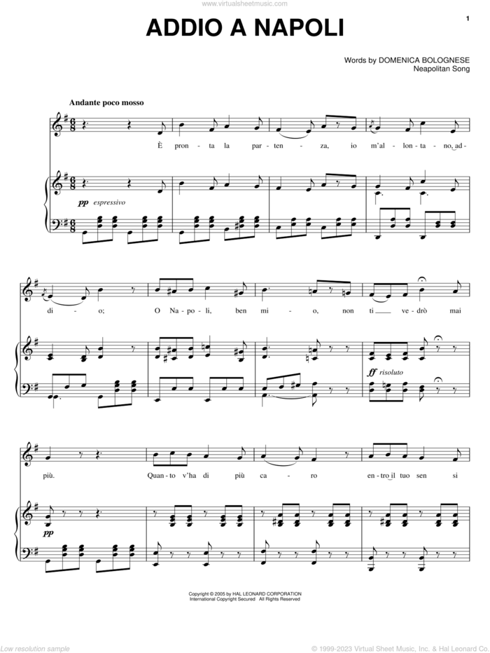 Addio a Napoli sheet music for voice, piano or guitar by Domenico Bolognese and Miscellaneous, intermediate skill level