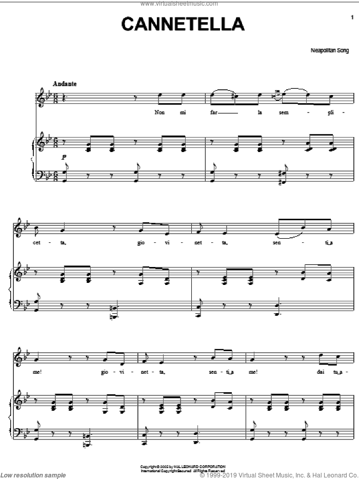 Cannetella sheet music for voice, piano or guitar, intermediate skill level