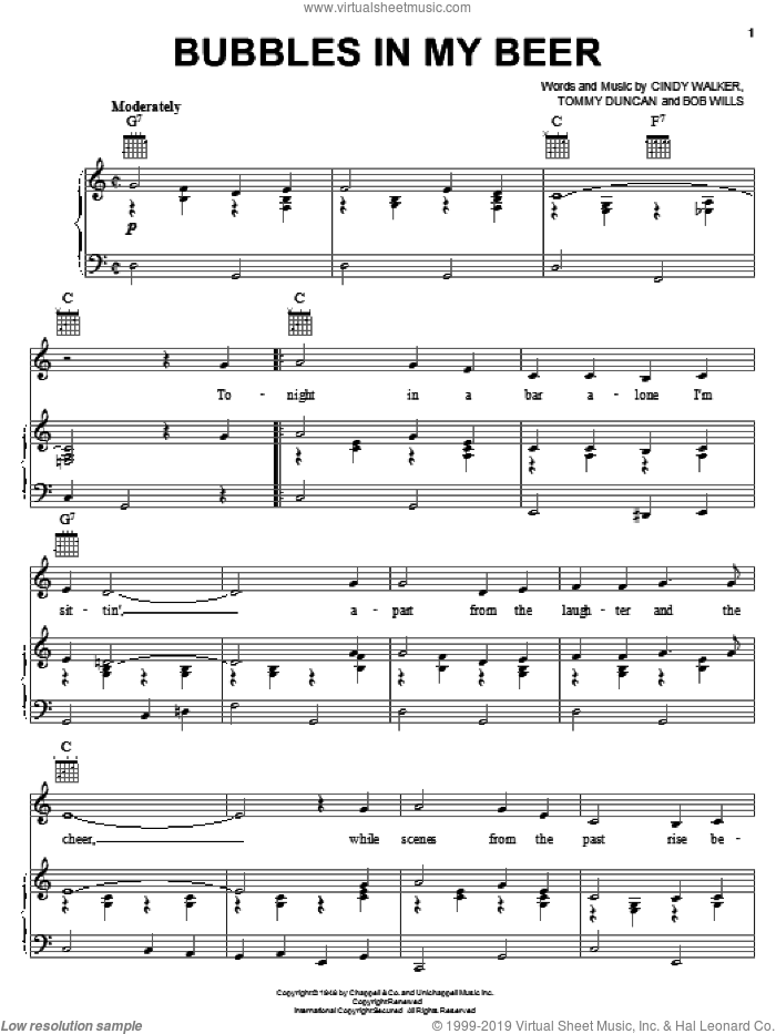 Bubbles In My Beer sheet music for voice, piano or guitar by Bob Wills, Cindy Walker and Tommy Duncan, intermediate skill level