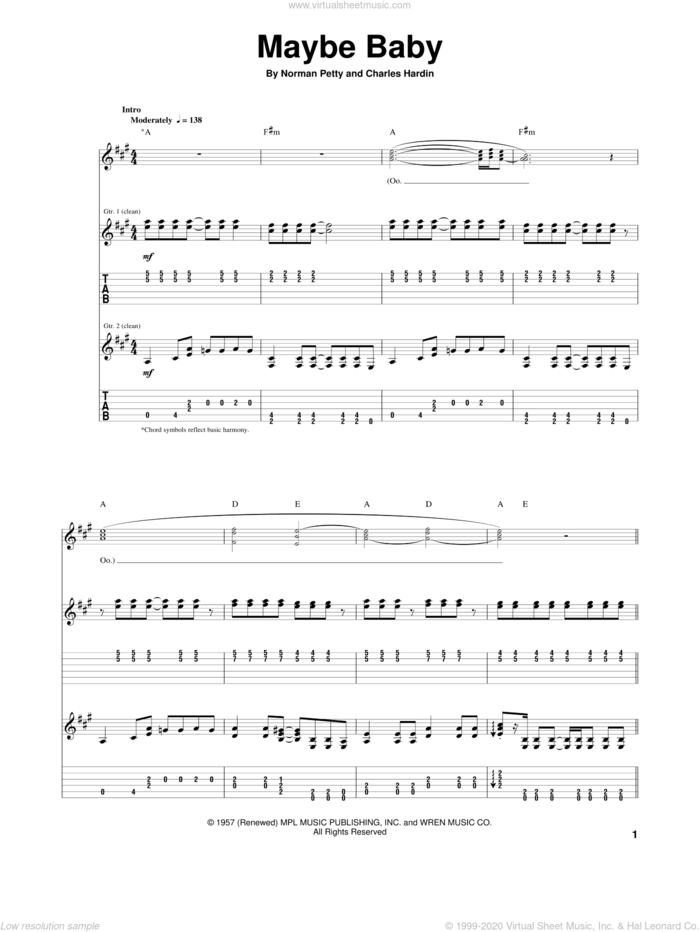 Maybe Baby sheet music for guitar (tablature) by Buddy Holly, Charles Hardin and Norman Petty, intermediate skill level
