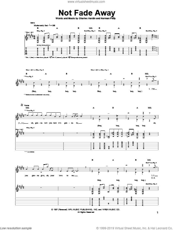 Not Fade Away sheet music for guitar (tablature) by Buddy Holly, Charles Hardin and Norman Petty, intermediate skill level