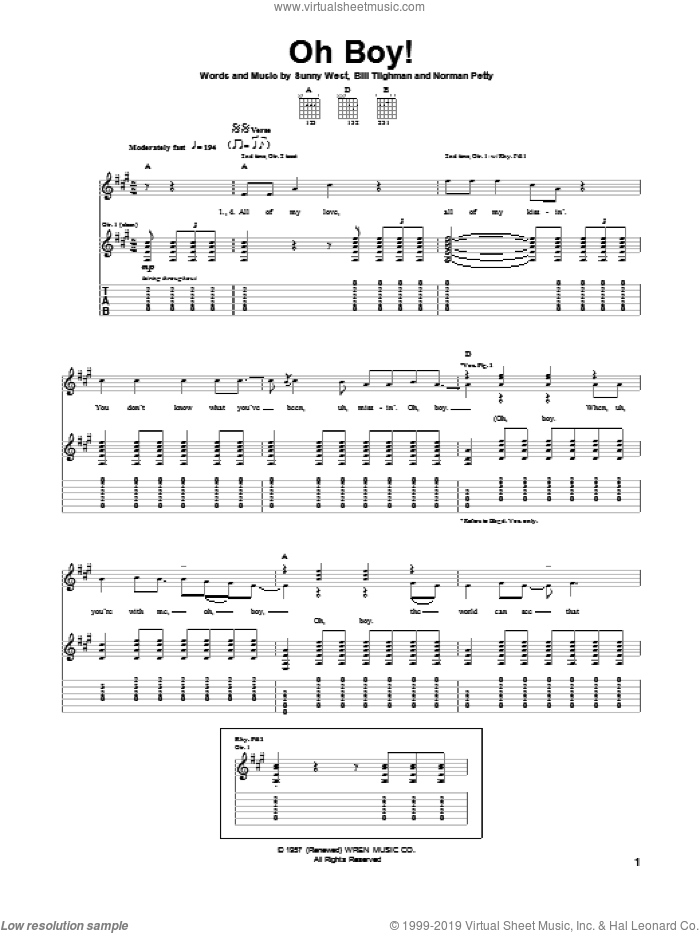 Oh Boy! sheet music for guitar (tablature) by Buddy Holly, Bill Tilghman, Norman Petty and Sunny West, intermediate skill level