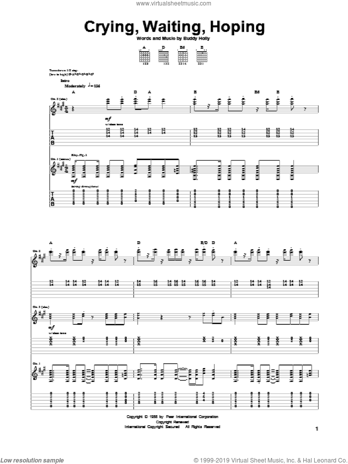 Crying, Waiting, Hoping sheet music for guitar (tablature) by Buddy Holly, intermediate skill level