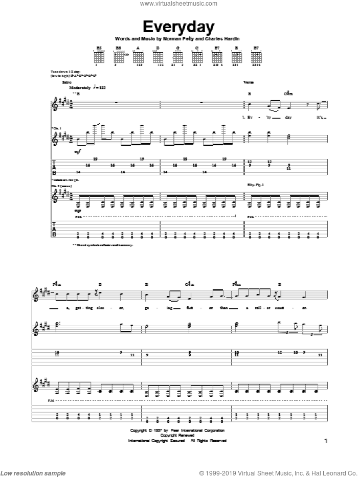 Everyday sheet music for guitar (tablature) by Buddy Holly, Charles Hardin and Norman Petty, intermediate skill level