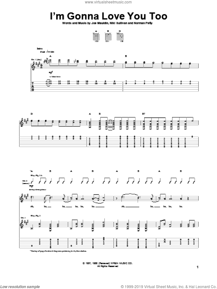 I'm Gonna Love You Too sheet music for guitar (tablature) by Buddy Holly, Joe Mauldin, Niki Sullivan and Norman Petty, intermediate skill level