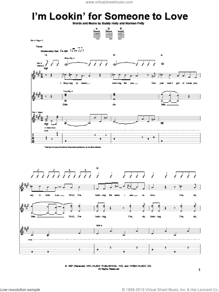 I'm Lookin' For Someone To Love sheet music for guitar (tablature) by Buddy Holly and Norman Petty, intermediate skill level