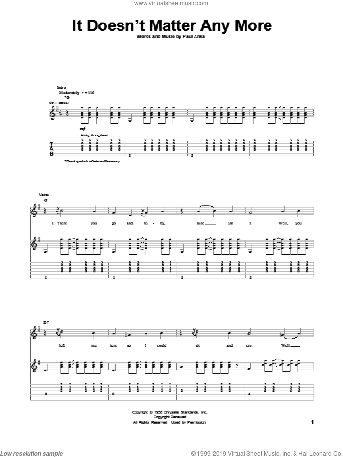 It Doesn't Matter Any More sheet music for guitar (tablature) by Buddy Holly and Paul Anka, intermediate skill level