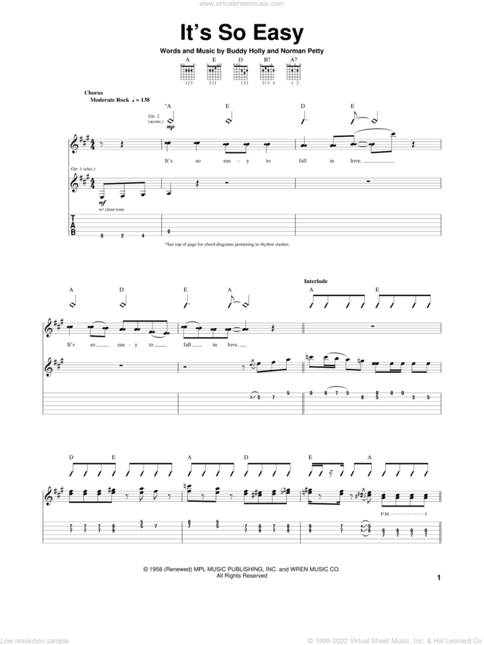 It's So Easy sheet music for guitar (tablature) by Buddy Holly and Norman Petty, intermediate skill level