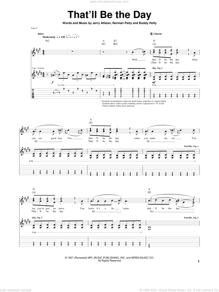 That'll Be The Day sheet music for guitar (tablature) by Buddy Holly, Jerry Allison and Norman Petty, intermediate skill level