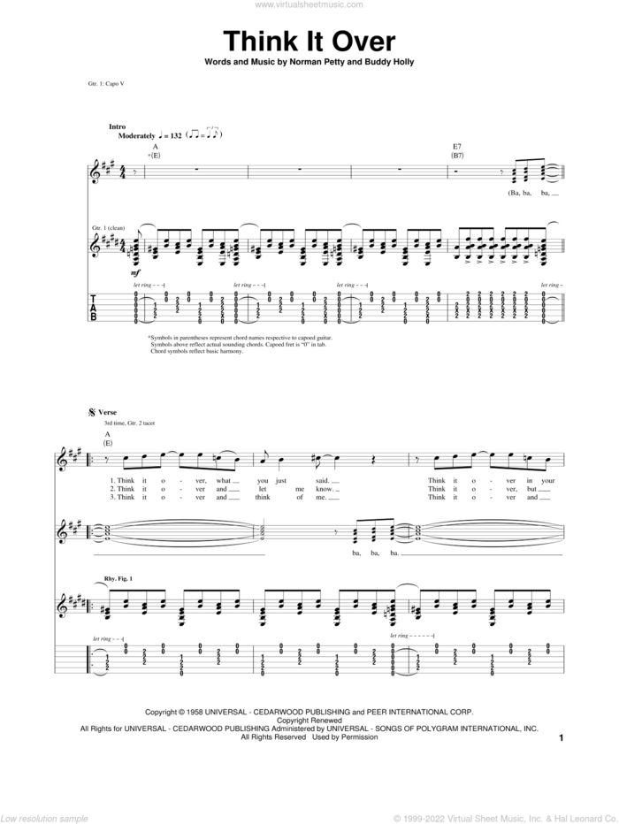 Think It Over sheet music for guitar (tablature) by Buddy Holly and Norman Petty, intermediate skill level