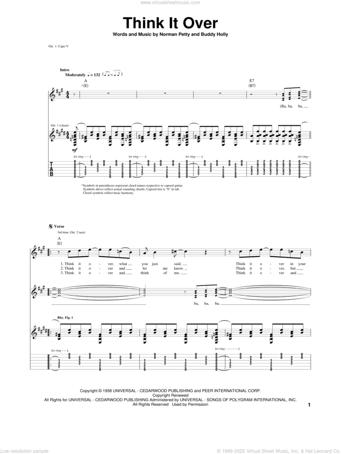 Think It Over sheet music for guitar (tablature) by Buddy Holly and Norman Petty, intermediate skill level