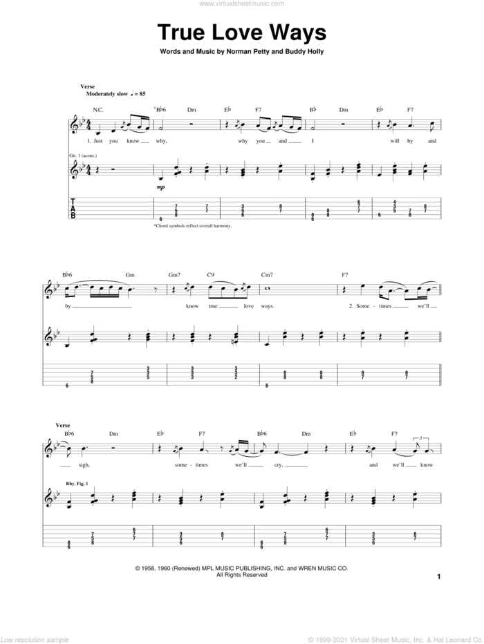 True Love Ways sheet music for guitar (tablature) by Buddy Holly and Norman Petty, intermediate skill level