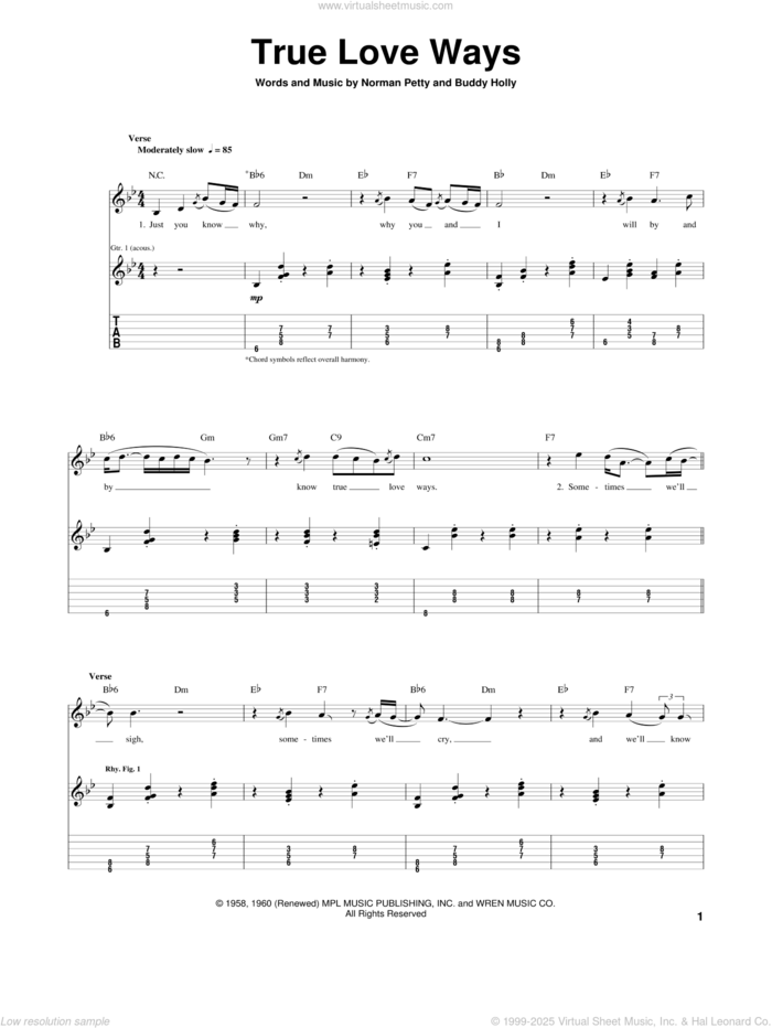 True Love Ways sheet music for guitar (tablature) by Buddy Holly and Norman Petty, intermediate skill level